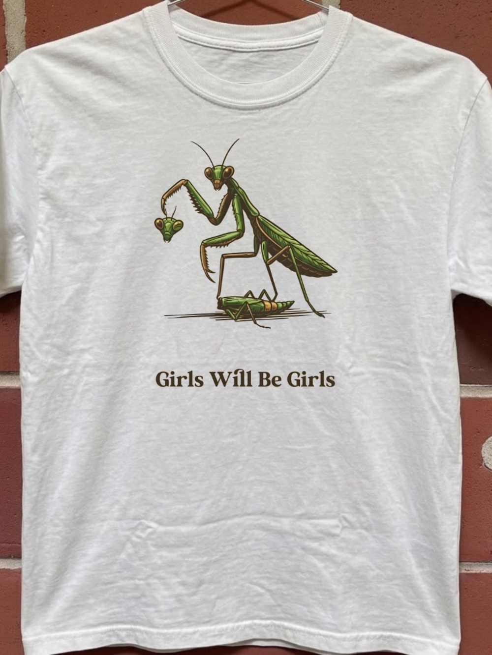 Gildan White T‑Shirt with Green Praying Mantis Graphic